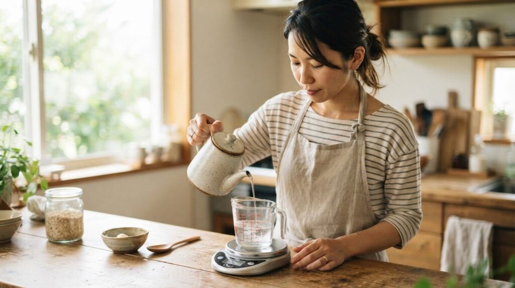 スケールの上に置いた計量カップへ慎重に水を注ぐ日本人女性。