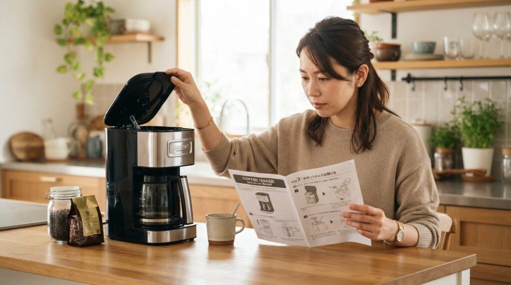 定期清掃前に取扱説明書を広げ、本体上部を慎重に開けて内部を確認する日本人女性の作業風景