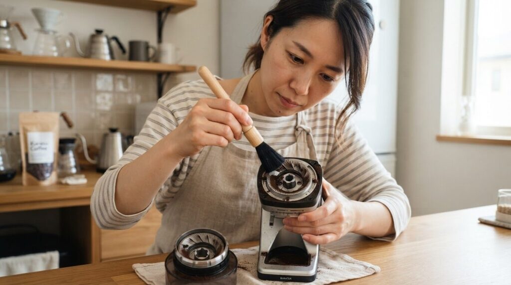ミル上部の挽き目ダイヤル周辺を付属ブラシでやさしく掃き、挽き粉を払う日本人女性の手元アップ