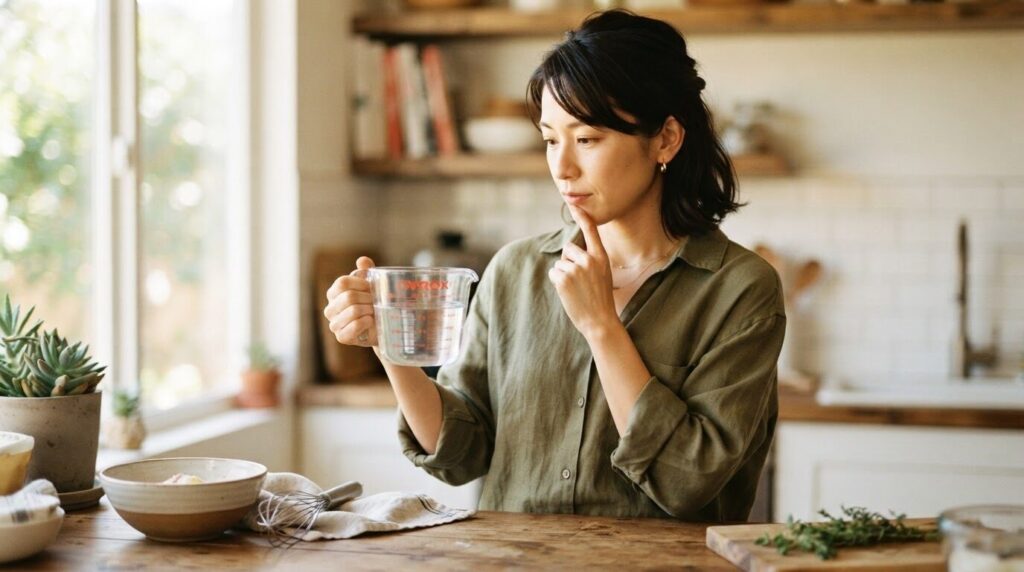 注がれた水の計量カップのメモリを見つめ、手を顎に当てて考えている日本人女性。