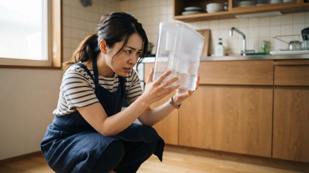しずかにシンクの前にしゃがみ、半透明の給水タンクを光にかざして内部の汚れ具合を心配そうに確認する日本人女性。