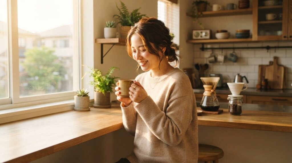 「記事の結論として、ちょうどいい濃さの一杯を朝の光の中で満足そうに味わう日本人女性の朝のひととき」