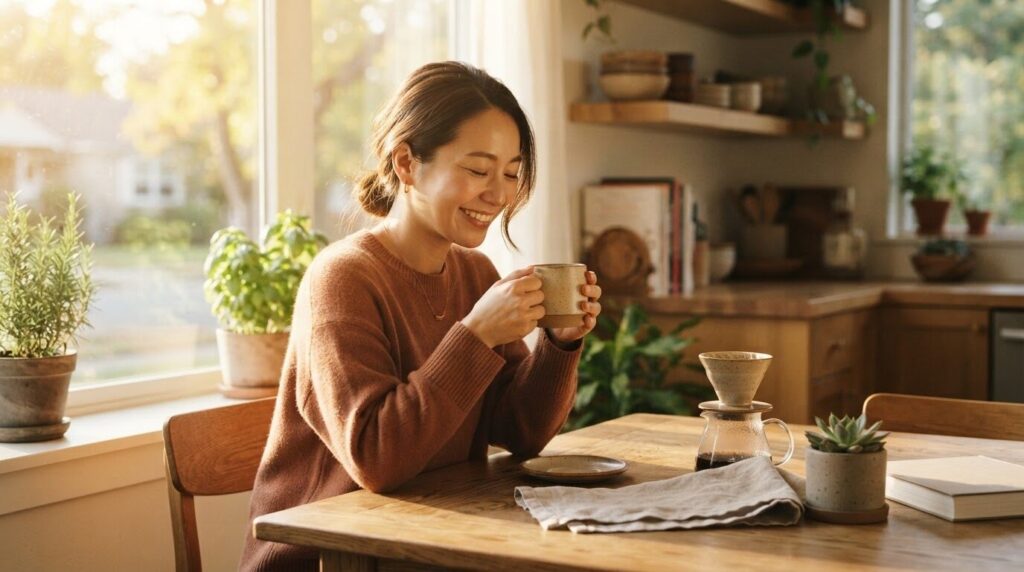 朝日に包まれた明るいキッチンで、丁寧に淹れたコーヒーを両手で包むように持って微笑む日本人女性