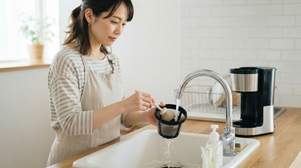 「目詰まりを解消するため、外したフィルターとバスケットをやわらかいブラシで掃除する日本人女性の手元」