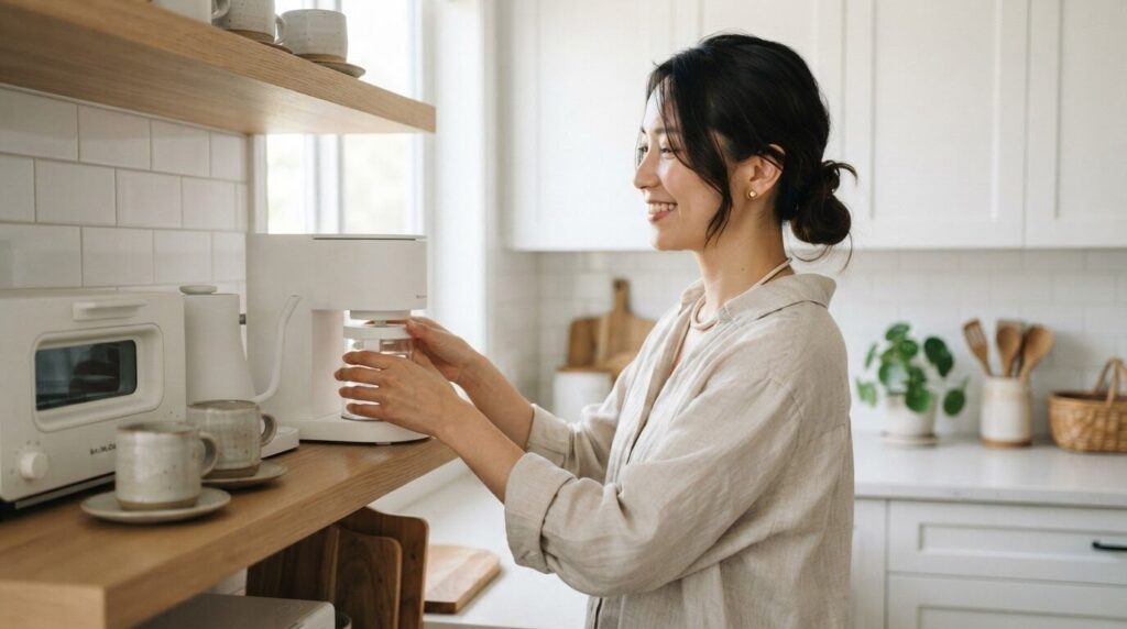 木目アクセントのシンプルで白いミニマルなキッチンで、無印良品デザインのコーヒーメーカーを棚にそっと置いて、調和の取れた佇まいに満足げに微笑む日本人女性のライフスタイル写真