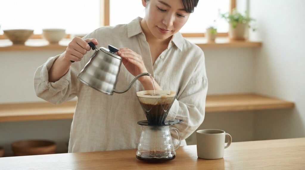 MUGENドリッパーに一度にお湯を注いで抽出する様子