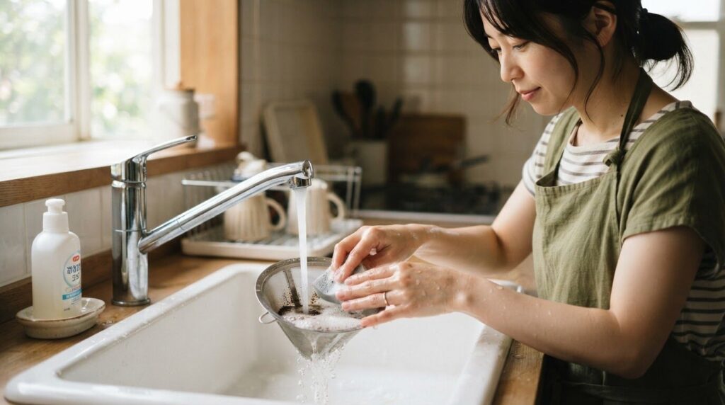 キッチンシンクでステンレスメッシュフィルターをやさしく水流ですすぎ、洗剤と微粉を落とす日本人女性の手元
