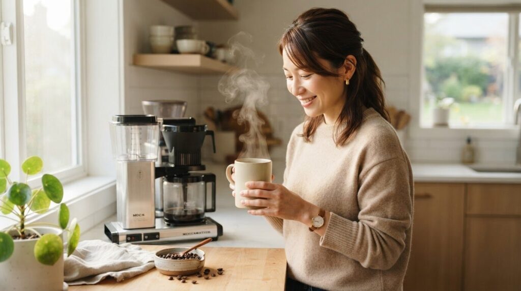 バリスタから淹れたての steaming コーヒーをマグで受け取り、満足そうに微笑む30代日本人女性