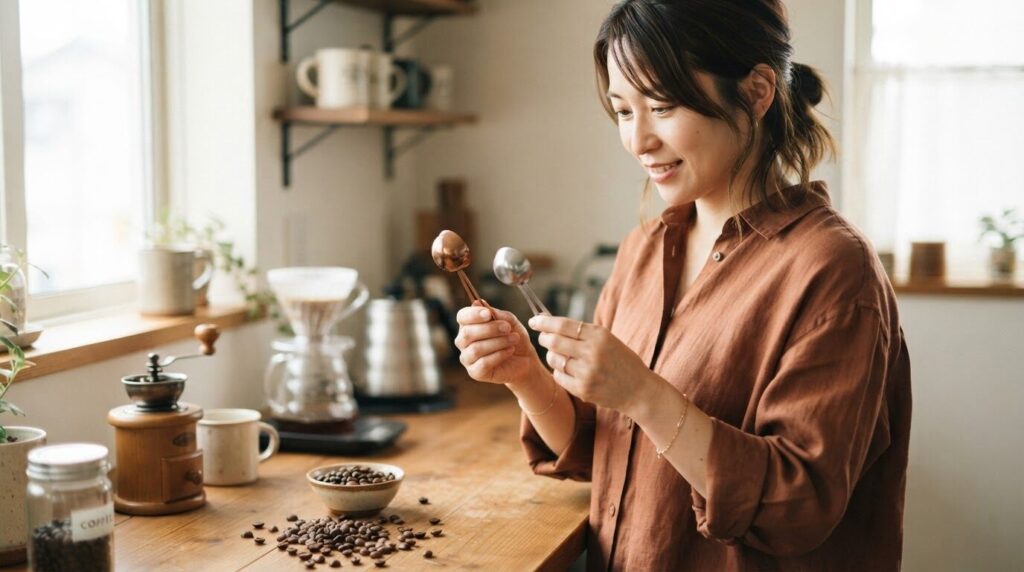 異なる2種類のコーヒーの計量スプーンを興味深く比較している日本人女性。