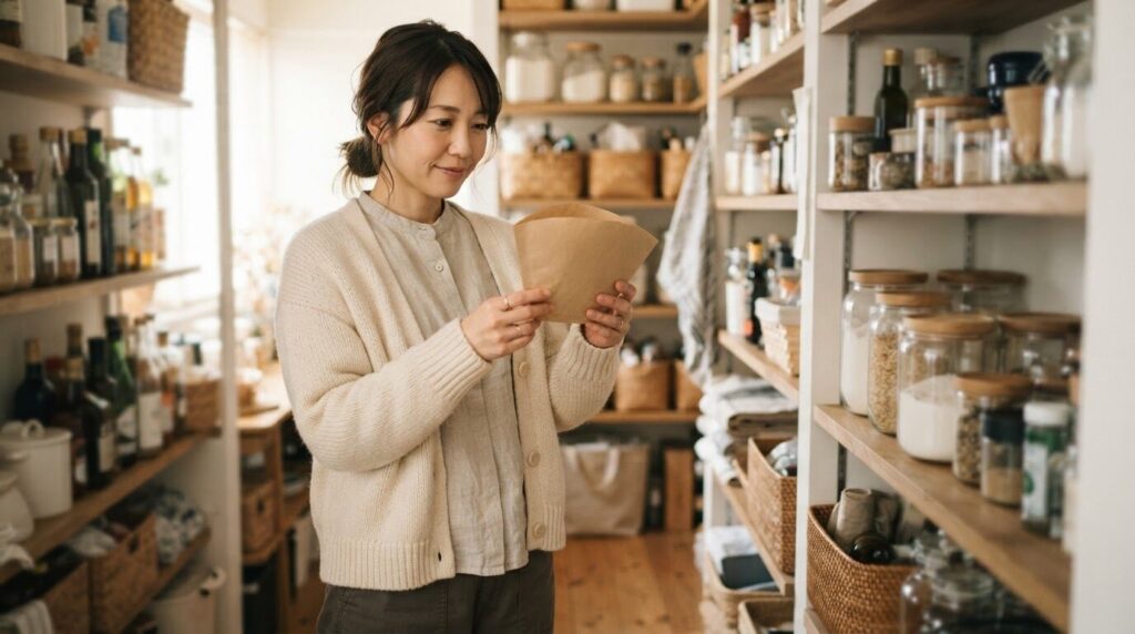 整理されたパントリーで、紙製コーヒーフィルターのパッケージ表示を丁寧に見ている日本人女性