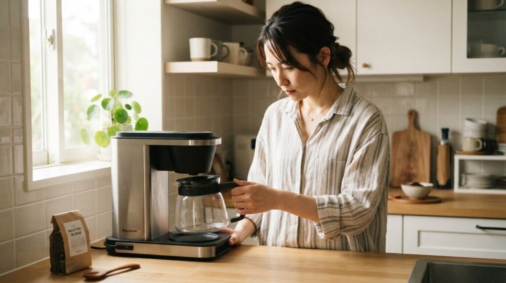 清潔な現代的なキッチンで、新しいガラス容器をコーヒーメーカーの保温プレートに慎重にセットしている30代の日本人女性。