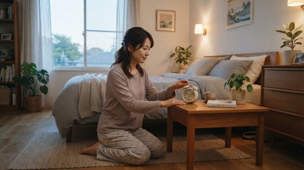「早朝、寝室で目覚まし時計を設定する日本人女性」