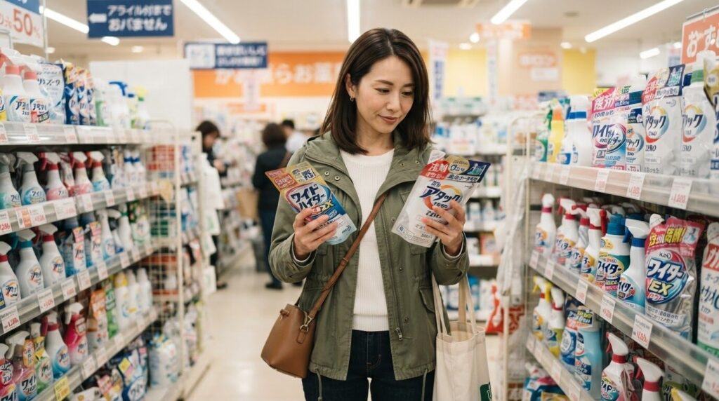 ドラッグストアの掃除用品売り場で、2つの洗浄剤パッケージを手に取って真剣に比較検討している日本人女性