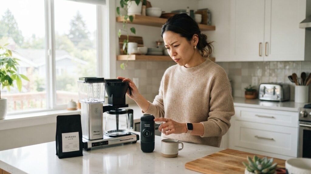 明るい台所で、日本人の女性が一杯用と家族用の異なるコーヒーメーカーを並べて比較検討している様子。家庭での用途と容量の違いを考える場面。