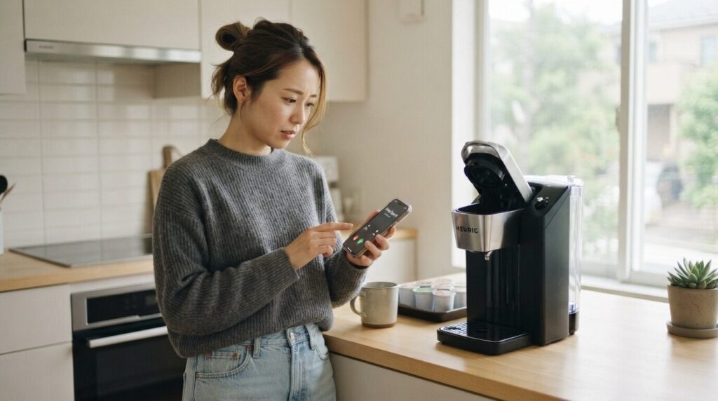 キッチンでキューリグマシン本体の調子がおかしいことに気付き、スマートフォンのサポート窓口へ連絡しようとしている日本人女性。困った時の適切な相談先案内を視覚的にサポートする画像