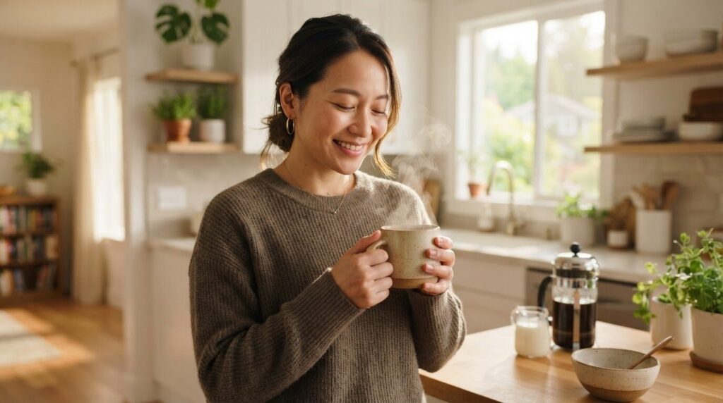 解決後に湯気の立つコーヒーを両手で持ち満足する日本人女性