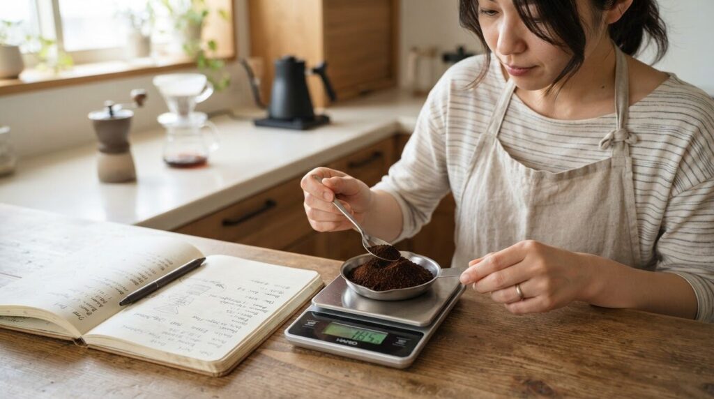 「一杯分の適正量を測るため、デジタルスケールでコーヒー粉の重さをグラム単位で計量する日本人女性の手元」