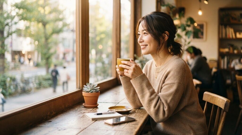 日の差し込む窓辺のテーブルで、穏やかに微笑みながら自分の選んだ一杯のコーヒーを楽しんでいる日本人女性のライフスタイル写真。