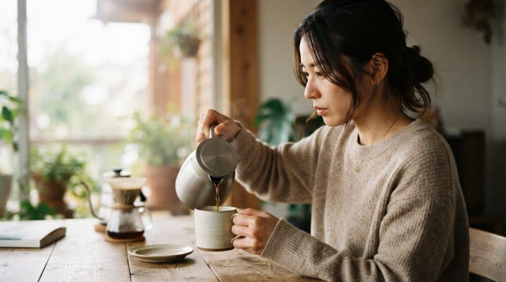 ステンレスサーバーから静かにコーヒーを注ぐ日本人女性