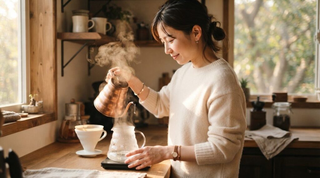 ガラス製サーバーに熱湯を注いで湯煎する日本人女性の淹れる前の準備シーン
