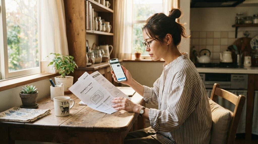 取扱説明書を読みながらスマートフォンで情報を確認する日本人