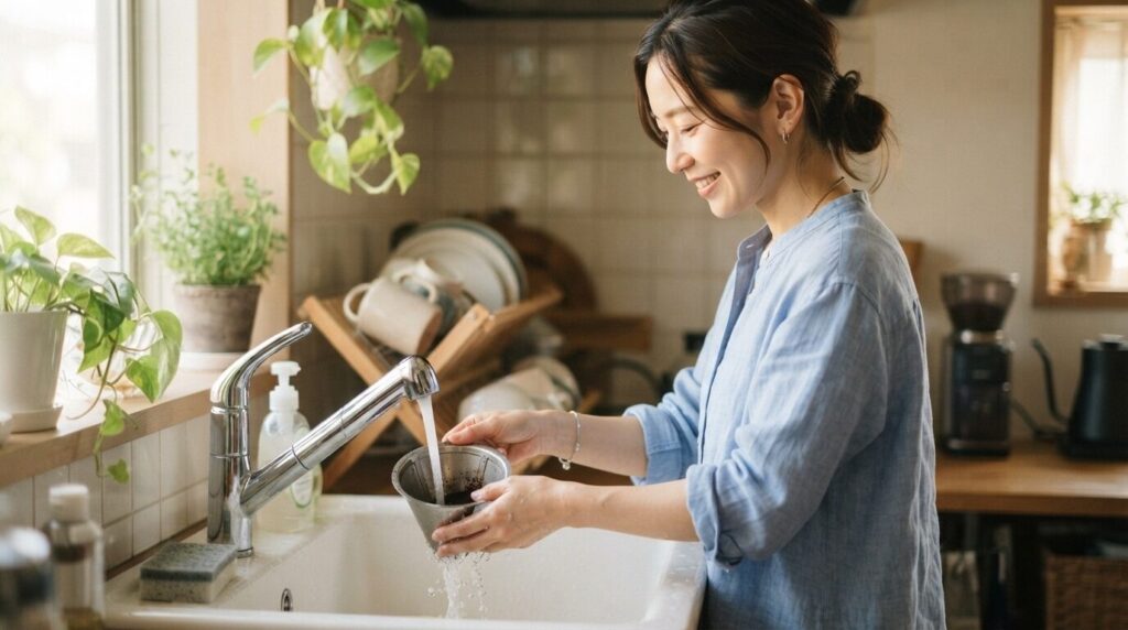 使用後のフィルターを丁寧に水洗いする日本人女性