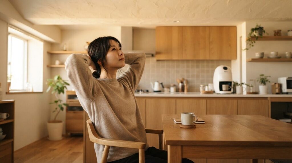 テーブルで両手を頭に置いて悩みごとを考える日本人女性。カウンターにはネスカフェ バリスタが静かに置かれている。