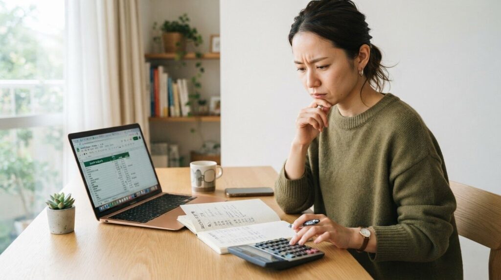 月間コストを慎重に計算するため、ノートと電卓を広げながら計画する日本人女性の家計管理シーン