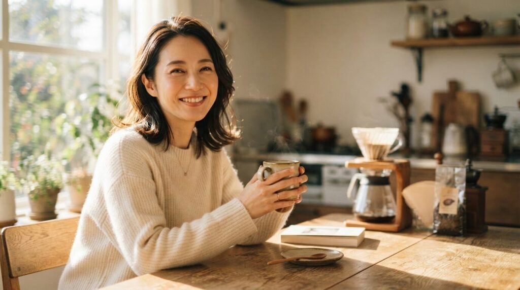 日差しが差し込むテーブルで、両手でカップを包んで満足そうに微笑む日本人女性。背景にはコーヒー器具とフィルターがほのかに見える。