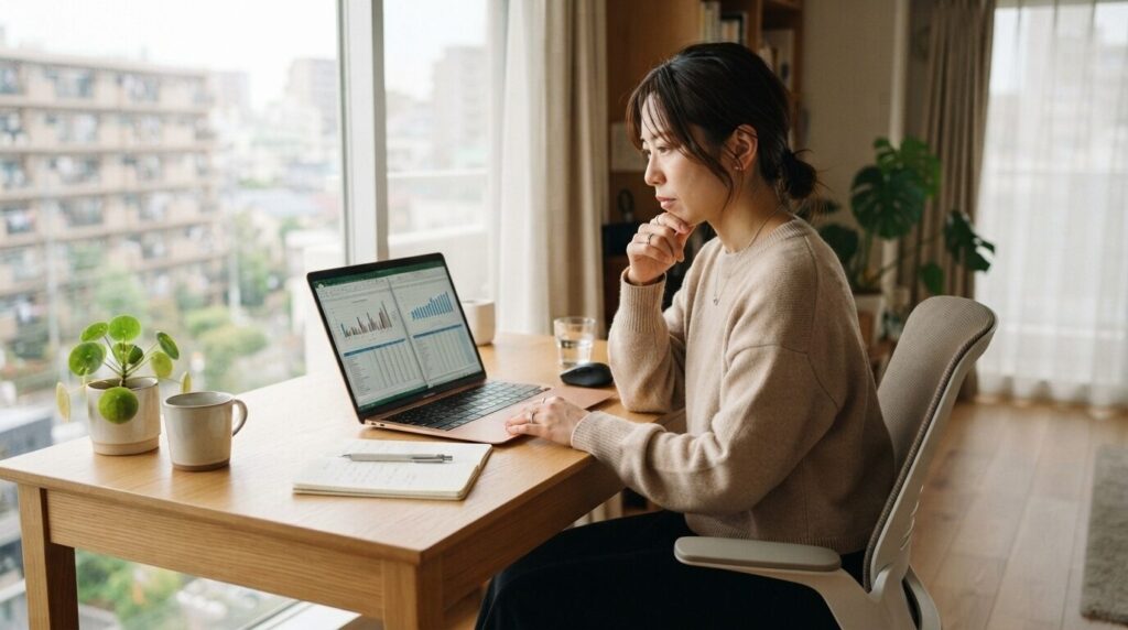 修理費と本体価格を比較検討するために書類を見比べる日本人女性