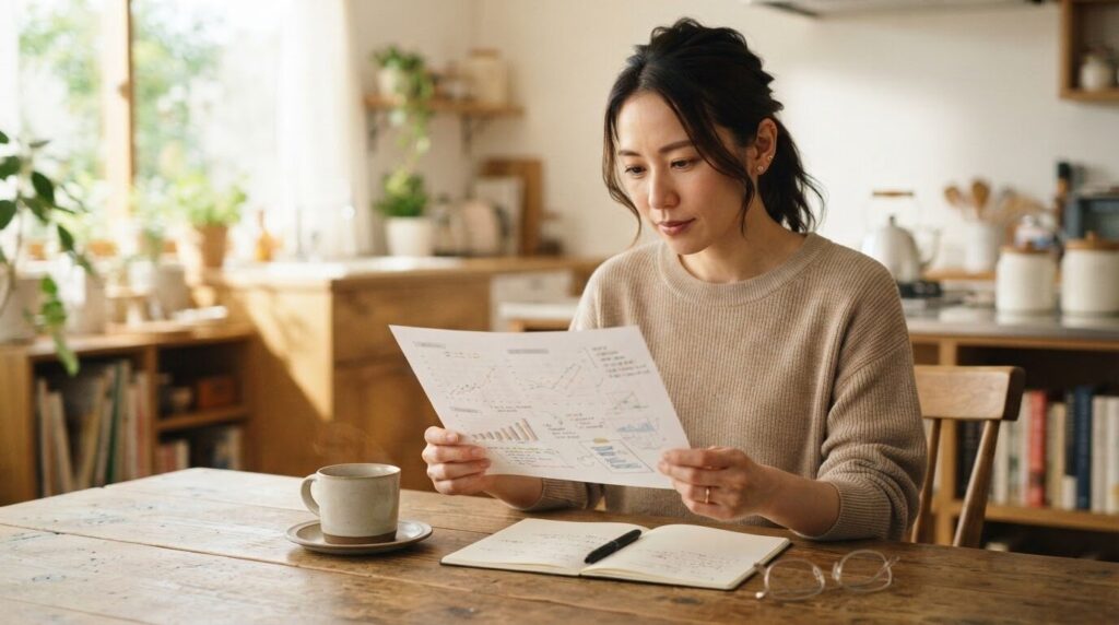 キッチンテーブルで印刷された早見表を見ながら考えている日本人女性。