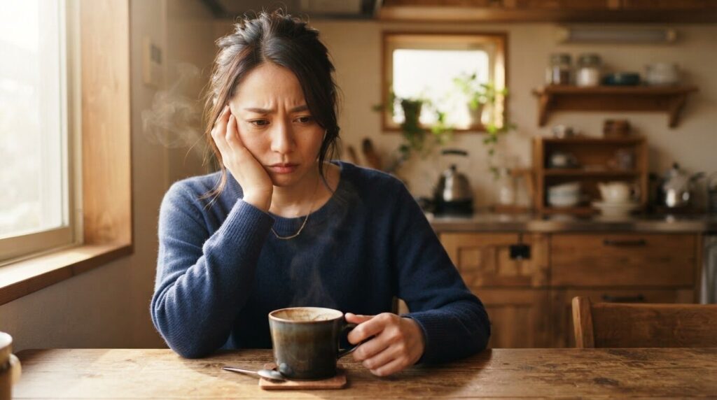 飲み終わったコーヒーカップをじっと見つめ、ほお杖をつきながら味の変化に頭を悩ませている日本人女性。
