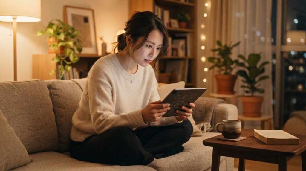 リビングのソファでタブレットを操作しながら深く焙煎豆のトラブル情報を確認する日本人女性。FAQを熟読する落ち着いた調査シーン