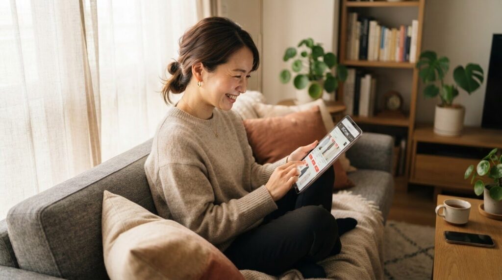 自宅のソファでタブレットを使ってお得なコーヒーをリサーチする日本人女性