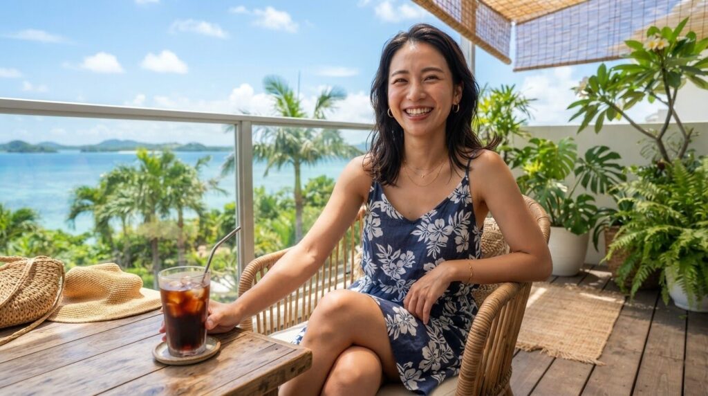 夏の暑い日に青空の下のバルコニーで、キンキンに冷えたアイスコーヒーのグラスを手に爽やかに微笑む日本人女性。