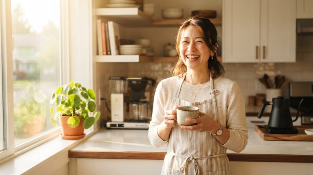 明るいキッチンで淹れたてのコーヒーを笑顔で楽しむ日本人女性の幸せな朝のひととき