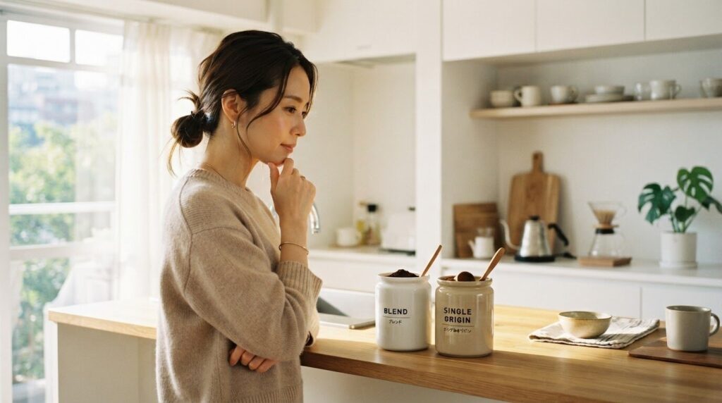 朝の光を浴びたキッチンで、二つの容器を前にして静かに選択する日本人女性。