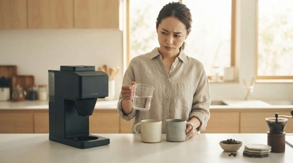 マットブラックの全自動コーヒーメーカー(カラフェを取り外した状態)の傍らで、計量カップの水と二つの大きなマグを見比べて必要量を計算している30代の日本人女性