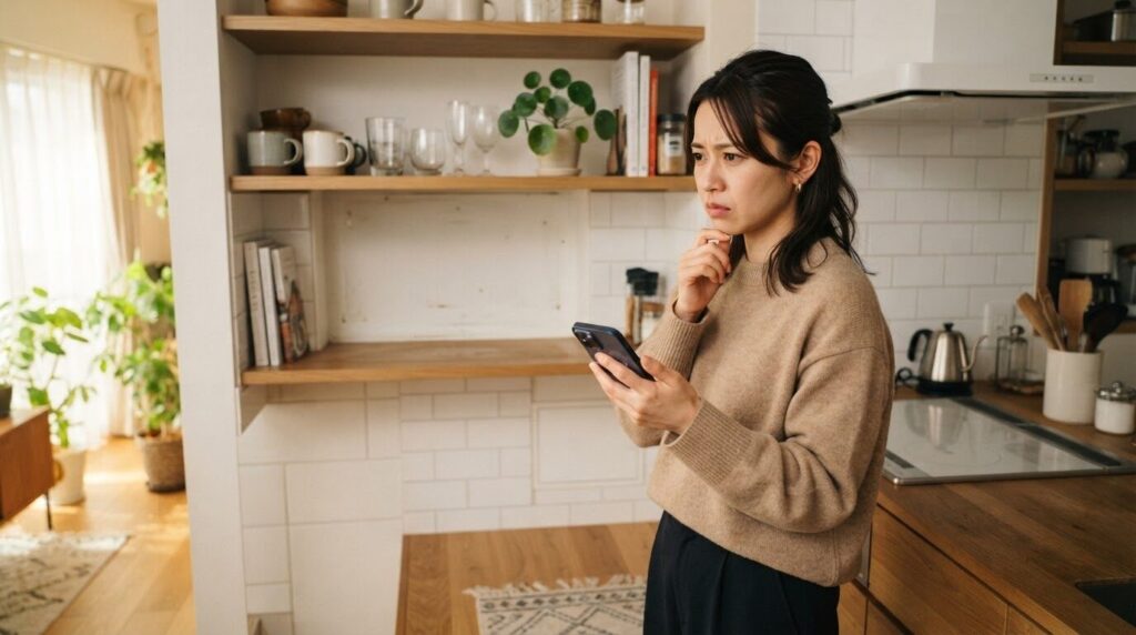 キッチン棚の空いたスペースを心配そうに見つめ、スマートフォンで情報を確認する日本人女性のライフスタイル写真。販売終了した製品の入手困難さを心配する様子を表現しています。