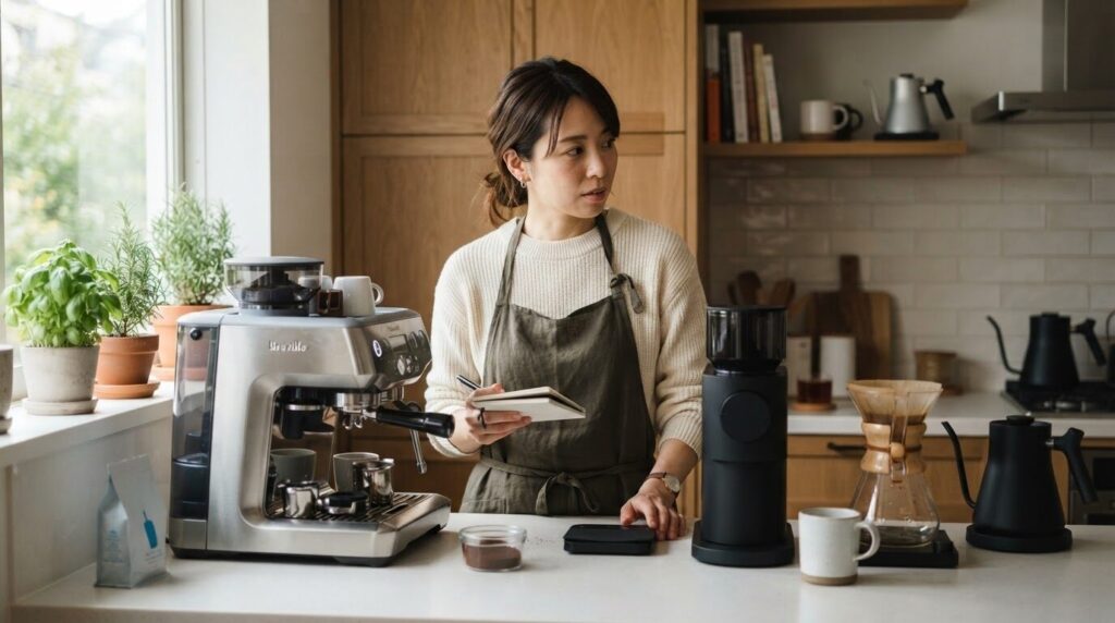 カウンターの上に並べられた2台のコーヒーメーカーを交互に見比べる日本人女性。