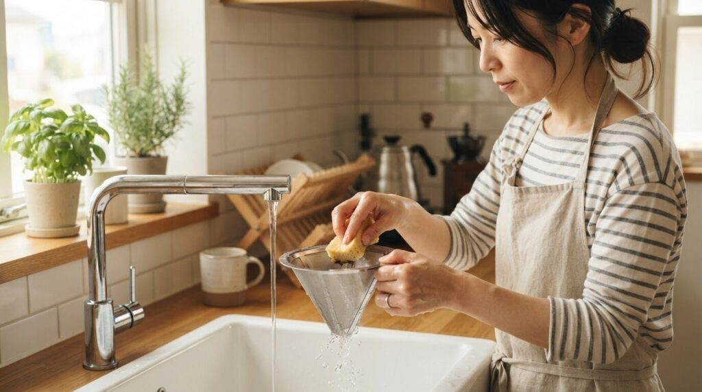 清潔な明るいキッチンで、柔らかなスポンジを使ってステンレス製メッシュフィルターを丁寧に洗浄している日本人女性の手元。