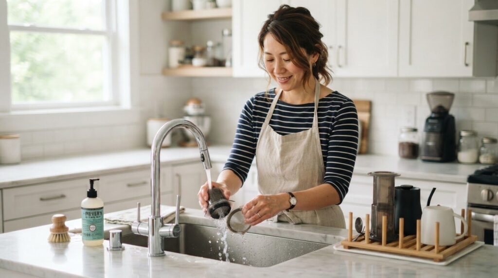 キッチンシンクでコーヒーメーカーのパーツを丁寧に洗っている日本人女性