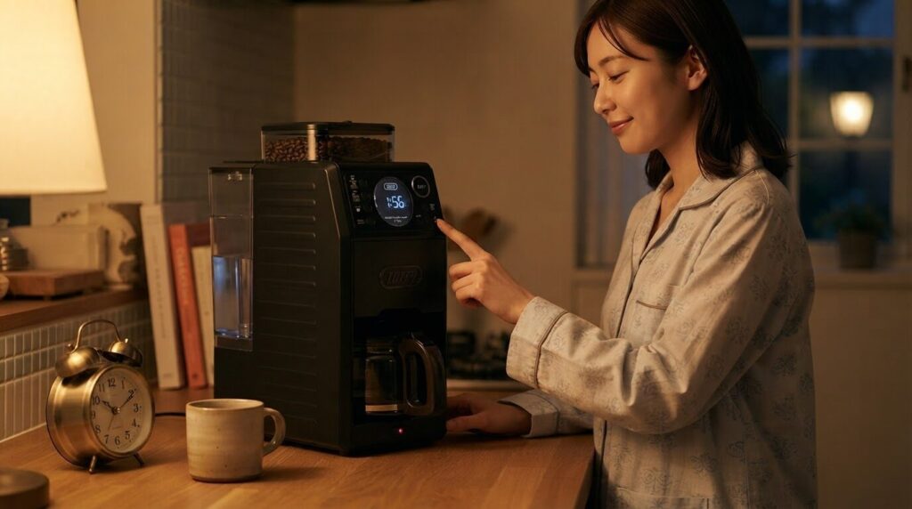 夜のパジャマ姿で翌朝のタイマー予約を済ませる日本人女性