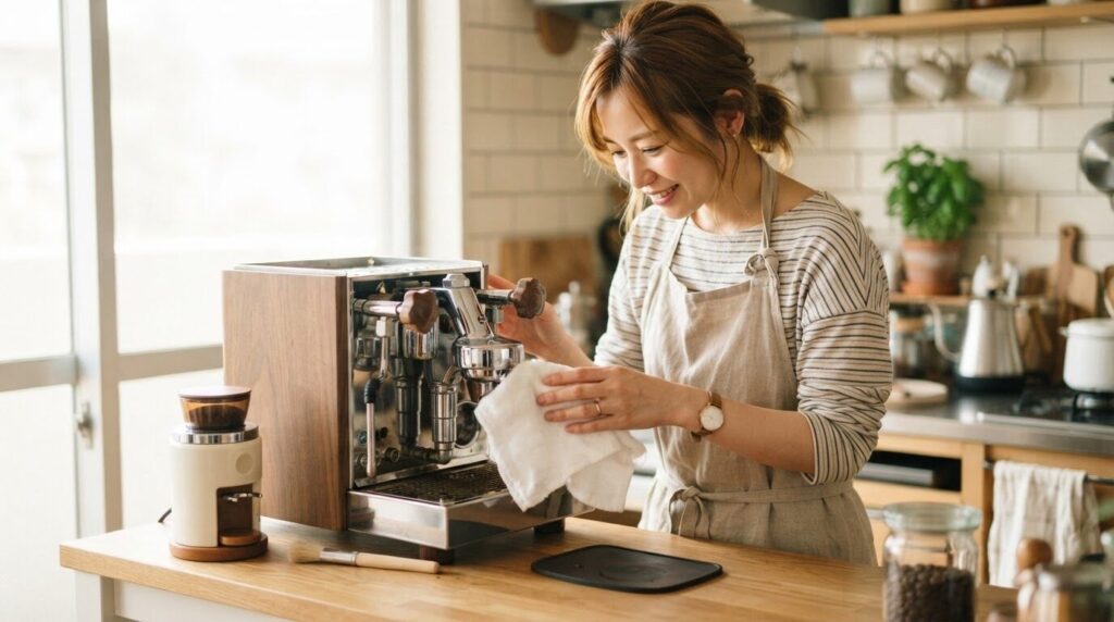 柔らかな布でコーヒーメーカーの内部を丁寧にお手入れしている日本人女性のライフスタイル写真。普段使いのメンテナンスの大切さを表現しています。