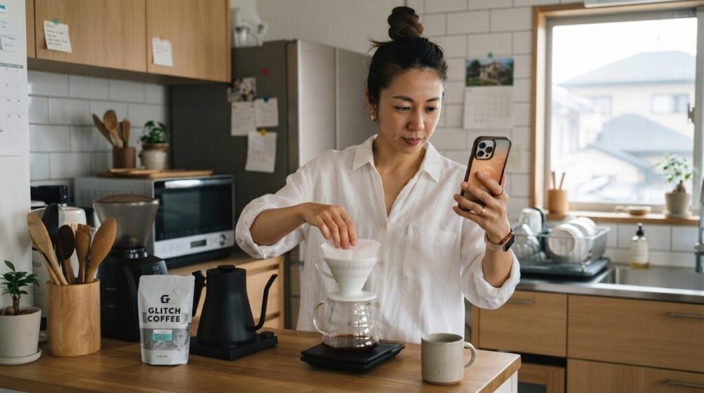 多忙な朝の時間帯、滞りなく紙フィルターをドリッパーにセットし、短時間でコーヒーを準備している日本人女性。