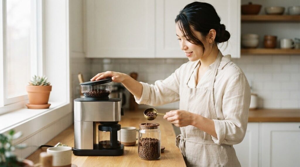 ホッパーからコーヒー豆を慎重に取り出してガラス瓶に移し替える日本人女性。ミル詰まり解消のための最初の確認作業