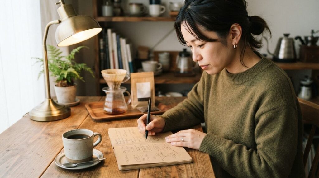 小さなノートに抽出データや費用を書き留める日本人女性