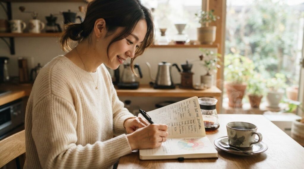 「味の調整記録を取るため、淹れたてのコーヒーの感想をテイスティングジャーナルに書き留める日本人女性」