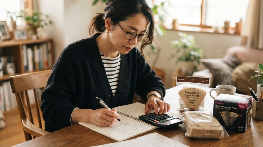 デスクでノートと電卓を広げ、紙フィルターとメッシュフィルターの価格を比較検討している日本人女性。