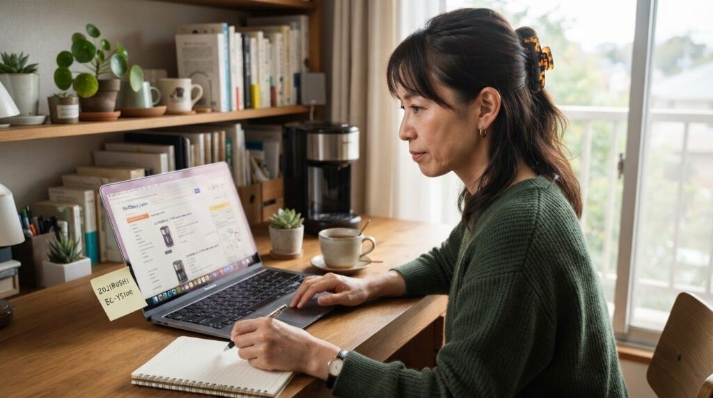自宅デスクでラップトップを使ってコーヒーメーカーの交換部品を型番で確認している日本人女性